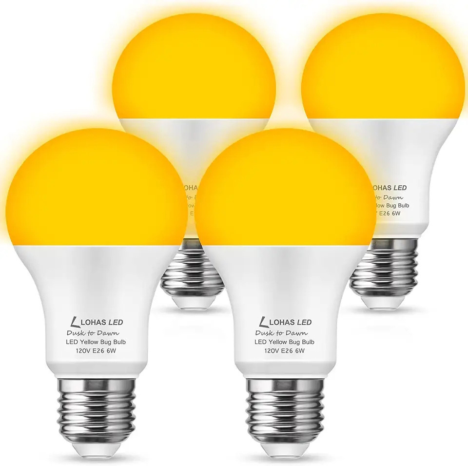 LOHAS A19 6W LED 2000K Yellow Light Bulb Amber Color Sleep-aid Dusk to Dawn Sensor LED Light Bulbs for Home Lighting