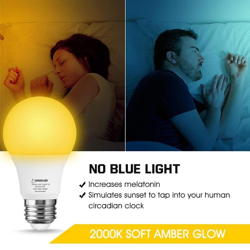 LOHAS A19 LED Sleep Aid Light Bulbs 5W 9W Amber Yellow 2000k No Blue Light Sleep Night Light Bulb for Porch Bedroom