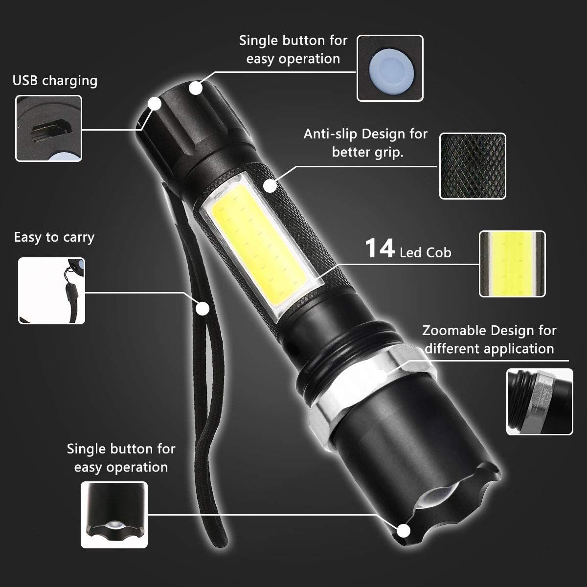 LOHAS Torch Mini Flashlight USB Rechargeable Adjustable Focusing Zoomable Flashlight LED for Outdoor Camping Hiking