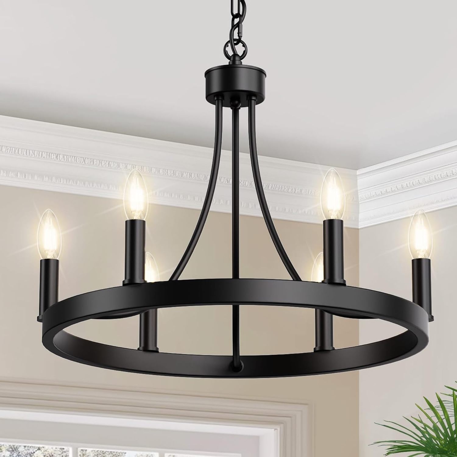 LOHAS 6-Lights Wagon Wheel Chandelier Dining Room Wrought Iron Light Fixture Black Chandelier for Bedroom Living Room