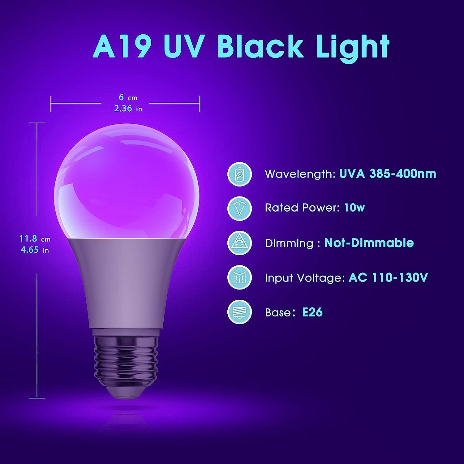 LOHAS A19 UVA 385-400nm LED Fluorescent Bulb 10W Blacklight Bulb 75W Equivalent Black Light Bulb For Poster Glow Party