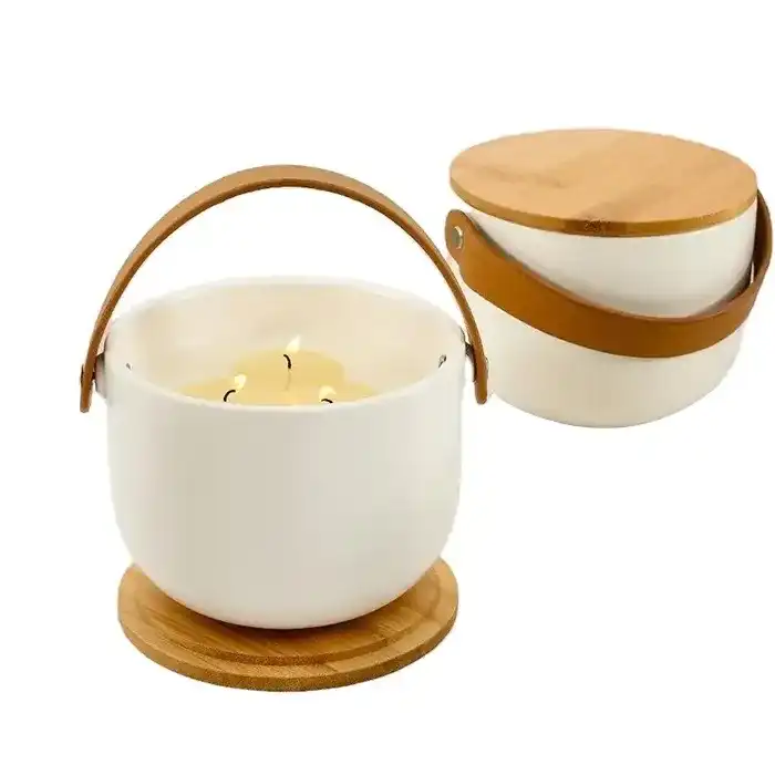 Luxury 8oz and 17oz Candle Matte White Ceramic Candle Jars with lid and Leather Handle