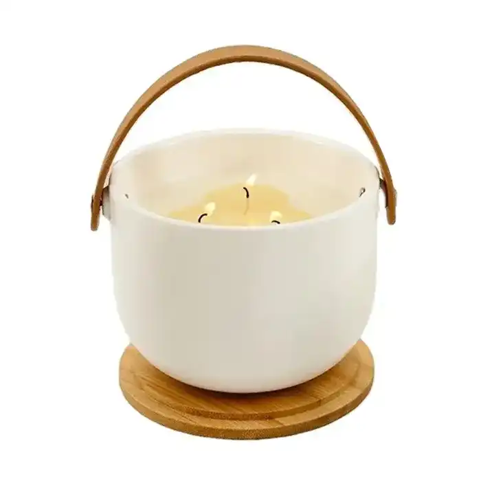 Luxury 8oz and 17oz Candle Matte White Ceramic Candle Jars with lid and Leather Handle