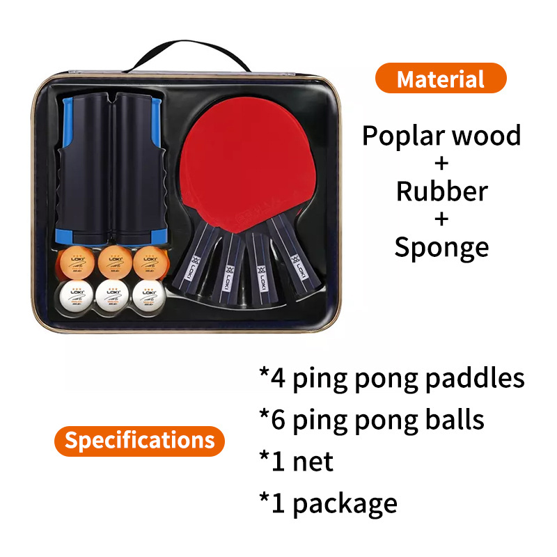 Professional Wood Table Tennis Racket Ping Pong Bat Set 4 Balls & Portable Net