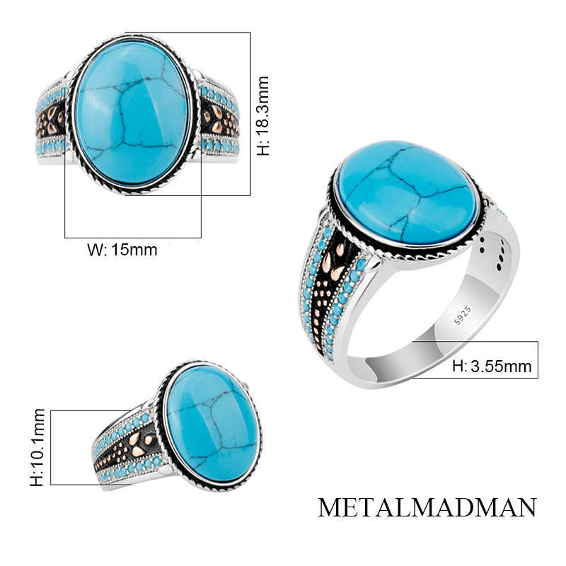 Vintage Islamic 925 Sterling Silver Blue Agate Green Turquoise Gemstone Engraved Men Rings