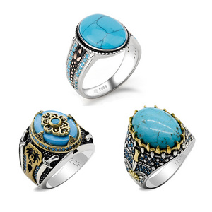 Vintage Islamic 925 Sterling Silver Blue Agate Green Turquoise Gemstone Engraved Men Rings