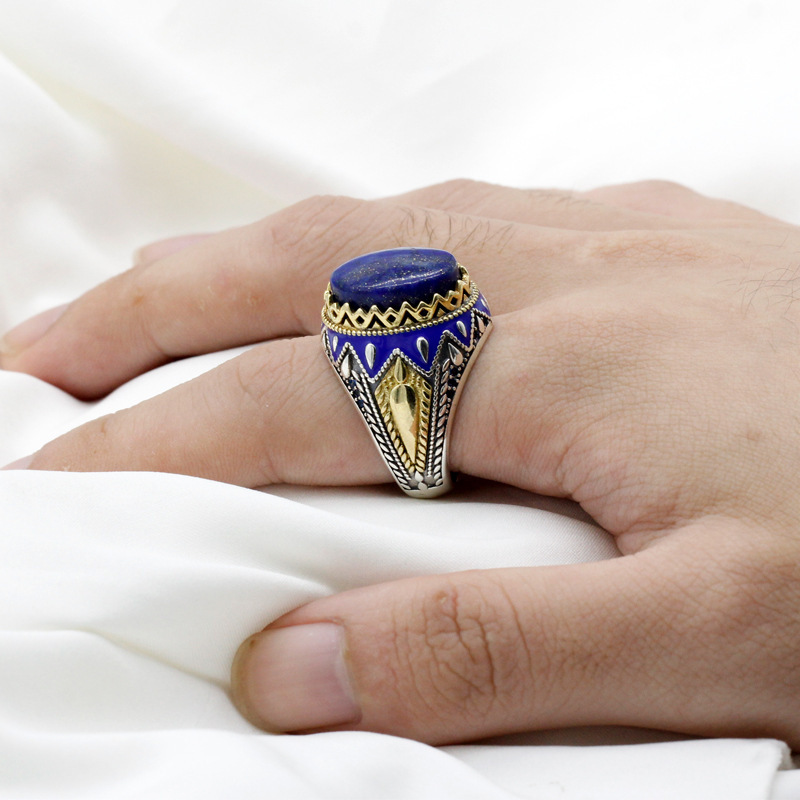 Trendy Wholesale Arabic Turkish 925 Sterling Silver Blue Agate Enamel Men Rings