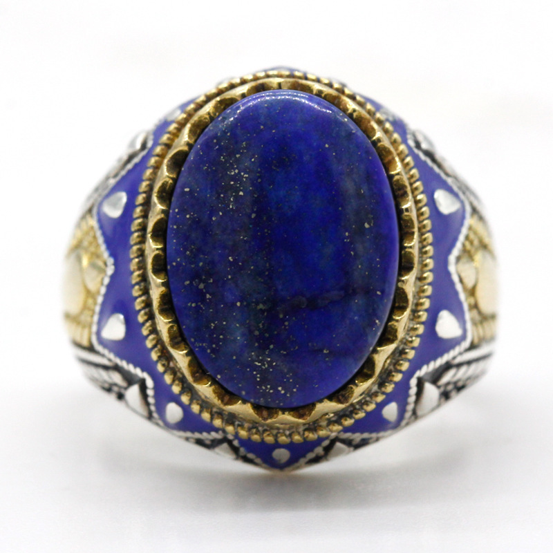 Trendy Wholesale Arabic Turkish 925 Sterling Silver Blue Agate Enamel Men Rings