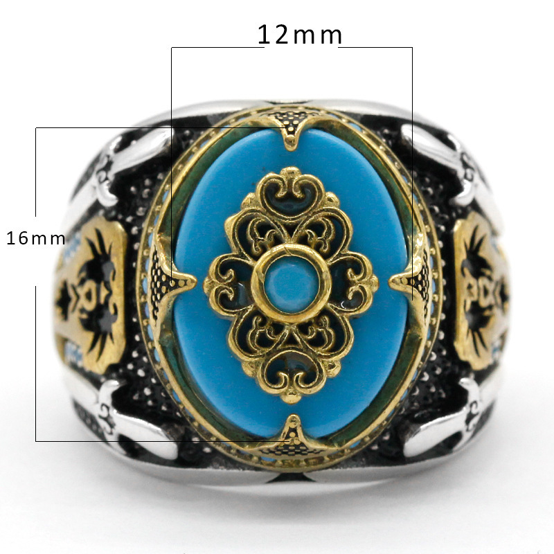 Vintage Islamic 925 Sterling Silver Blue Agate Green Turquoise Gemstone Engraved Men Rings