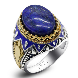 Trendy Wholesale Arabic Turkish 925 Sterling Silver Blue Agate Enamel Men Rings