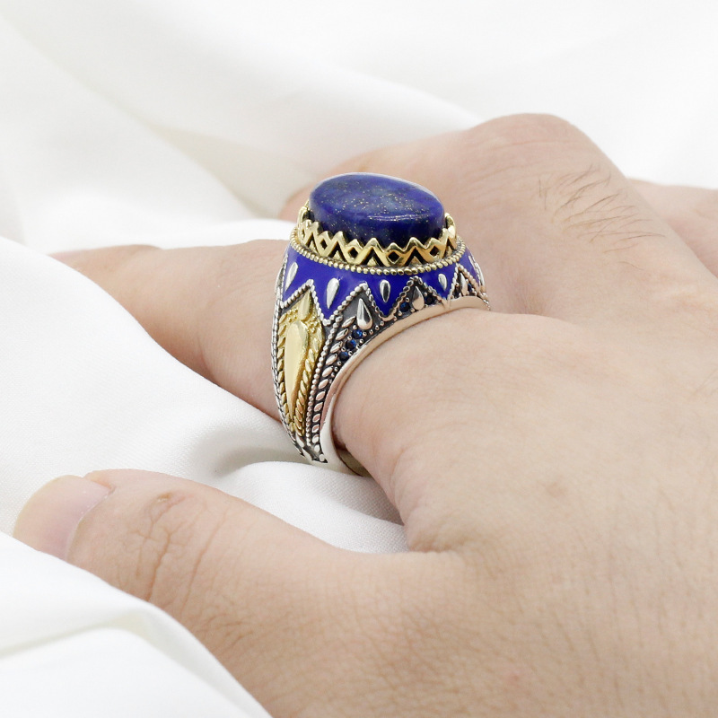 Trendy Wholesale Arabic Turkish 925 Sterling Silver Blue Agate Enamel Men Rings