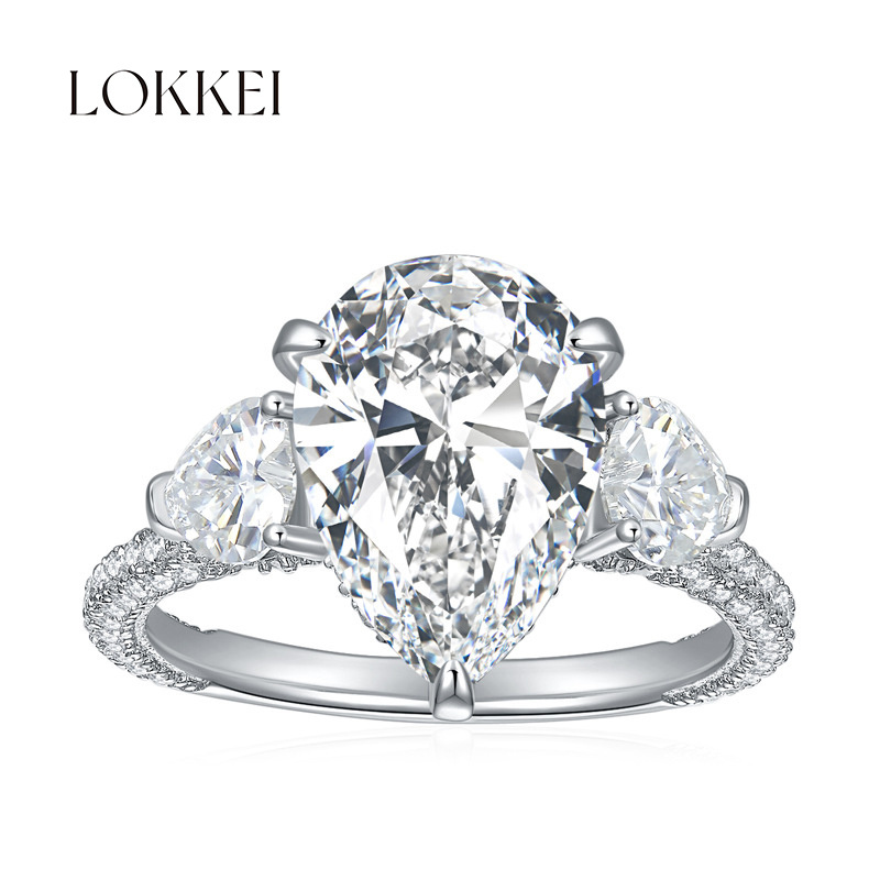 LOKKEI Fine Moissanite Rings Jewelry 925 Sterling Silver 9*13mm Pear Cut 5Ct Moissanite Three Stone Cocktail Rings