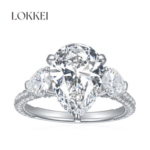 LOKKEI Fine Moissanite Rings Jewelry 925 Sterling Silver 9*13mm Pear Cut 5Ct Moissanite Three Stone Cocktail Rings