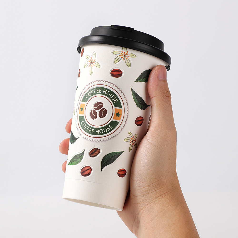 LOKYO 8oz 10oz 3D pe coted double layer insulated jolly cups 3D custom print logo coffee paper cup with lid