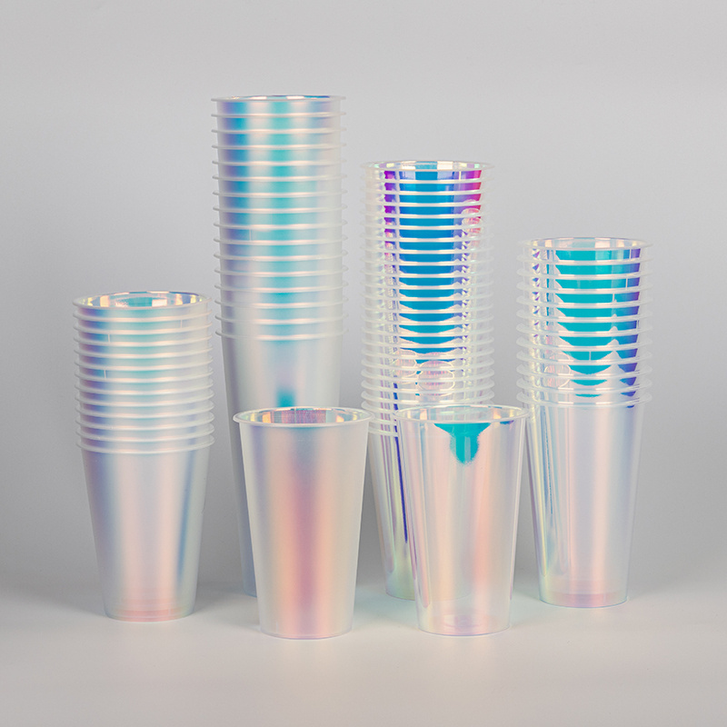 LOKYO wholesale PP laser glossy rainbow cup custom printed design disposable 700ml holographic silver plastic cups