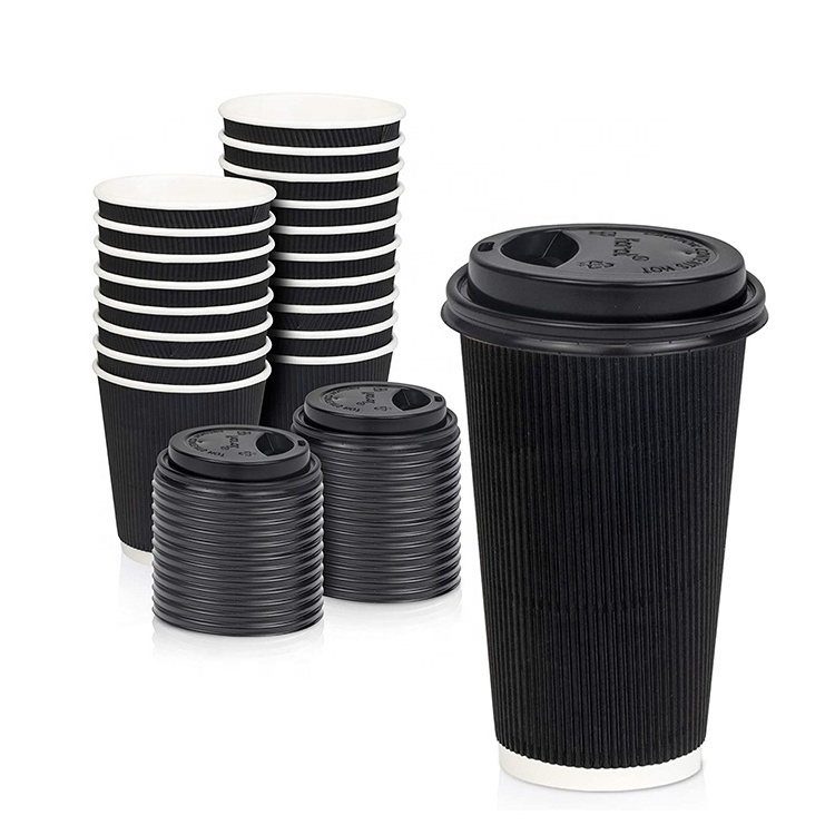 LOKYO wholesale black takeaway cups disposable ripple corrugated customized coffee cup paper with lids