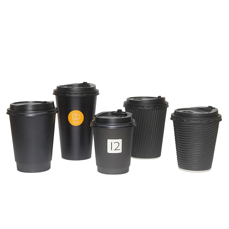 LOKYO wholesale black takeaway cups disposable ripple corrugated customized coffee cup paper with lids