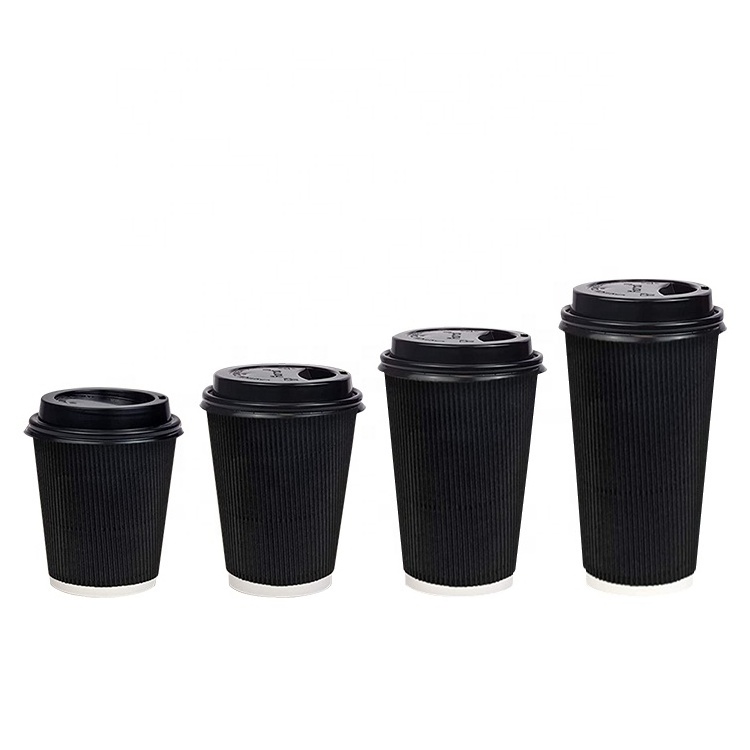 LOKYO wholesale black takeaway cups disposable ripple corrugated customized coffee cup paper with lids