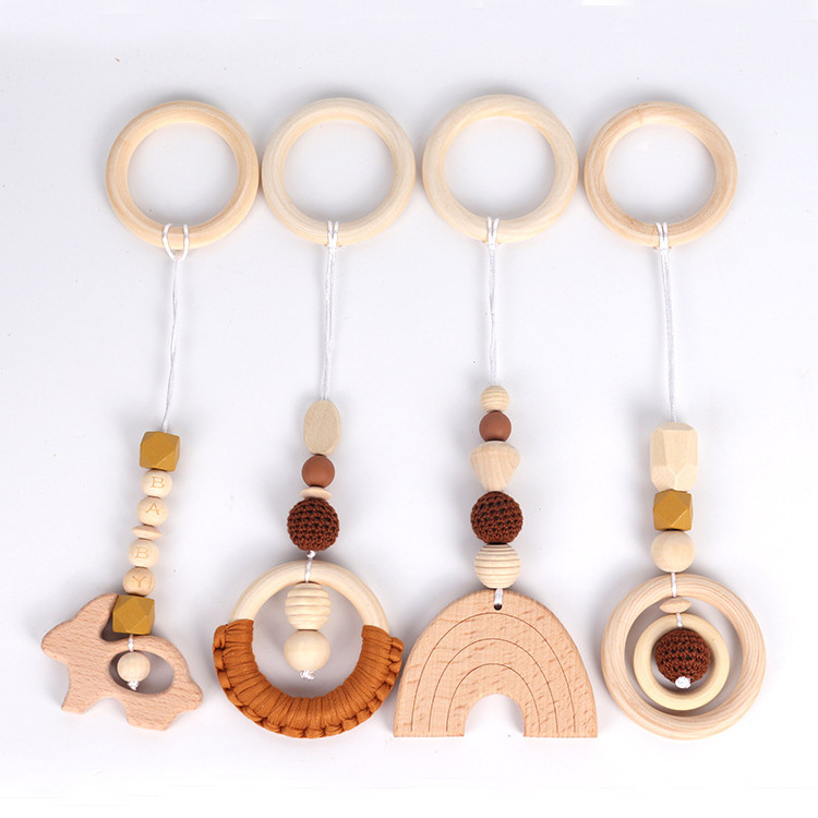 4Pcs/Set Boho Newborn Gifts Baby Gym Wood Toys Wooden Hanging Toy Rainbow Pendant Teether Ring Nursing Rattle Toys