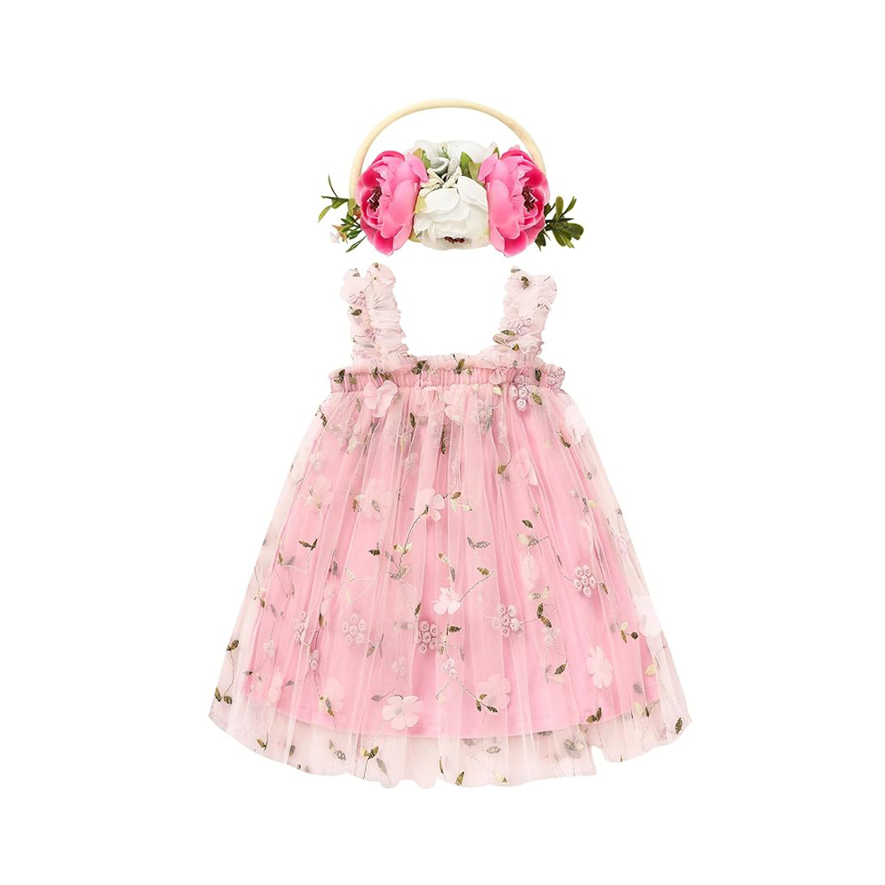 Toddler Baby Girls Layered Tulle Tutu Dress Sleeveless Spaghetti Straps Floral Embroidered Princess Dress with Flower Headband