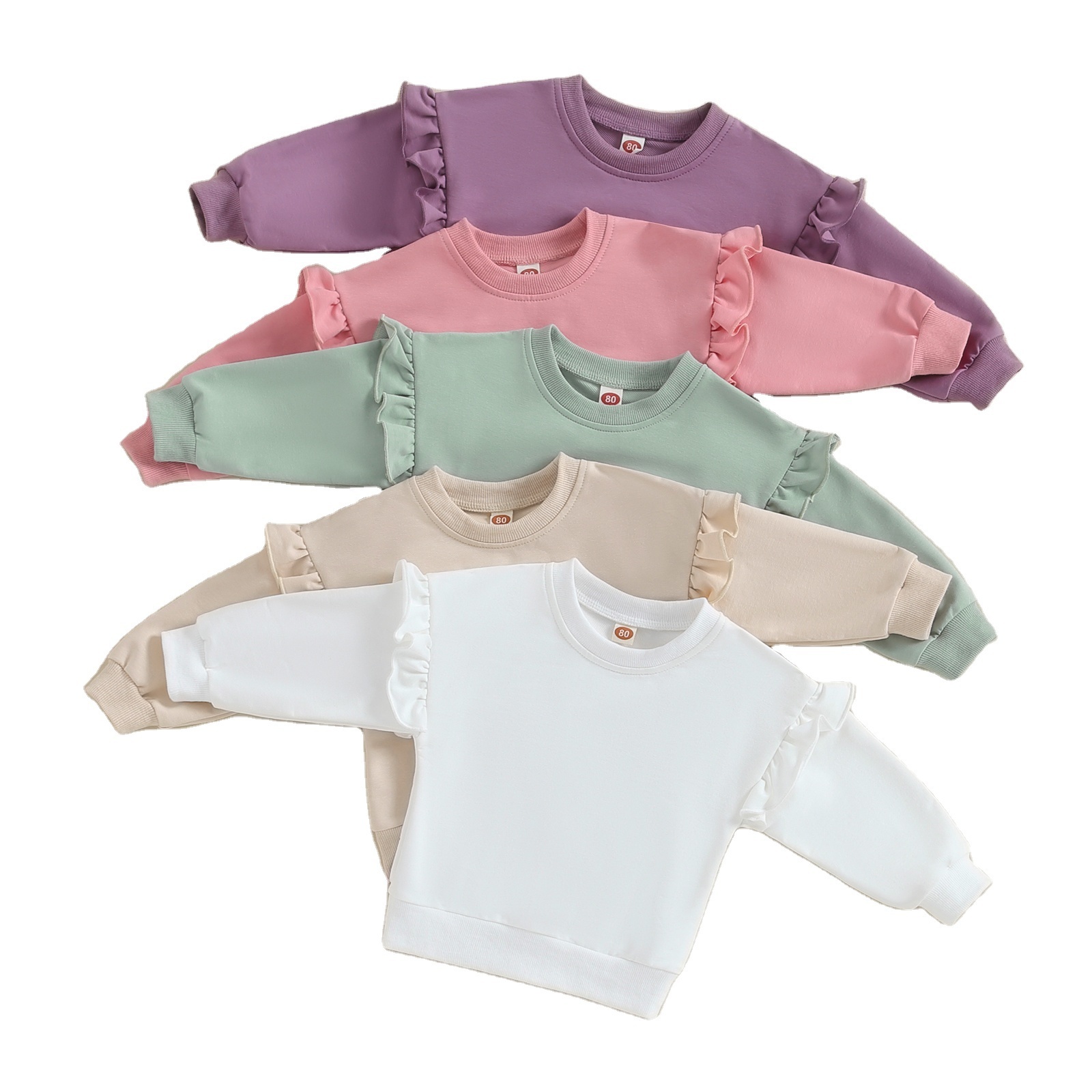 2023 Autumn Boho Solid Color Blank Toddler Baby Crewneck Sweatshirts Long Sleeve Ruffle Kids Baby Girls Frill Sweatshirt