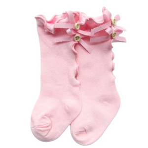 Girls Knee High Socks Cotton Bows Ruffle Button Princess Lace Baby Long Sock Warm Winter Children Soft Dress Sock