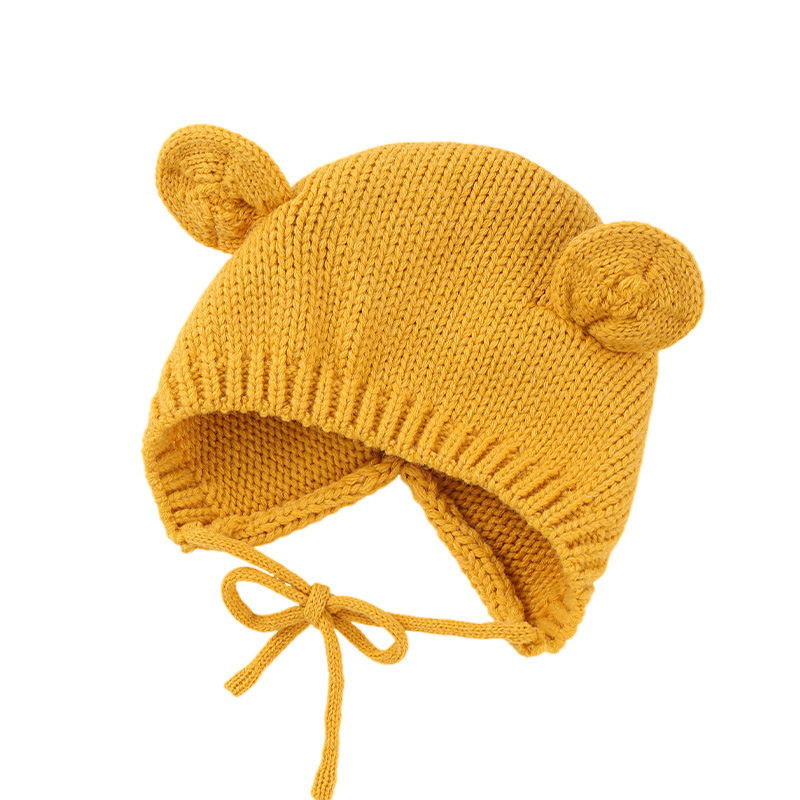 New design Knitted Princess Chin Strap Braid Wool hat Baby Girl Solid color knitted winter children's bear ear wool hat