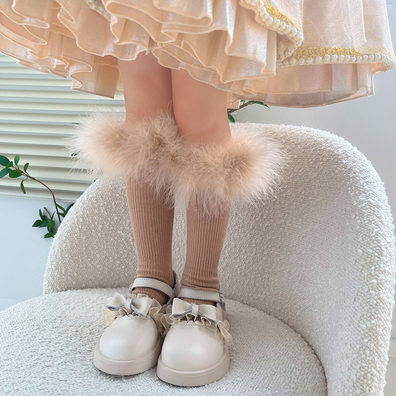 New Arrival 10 Solid Colors Feather Trim Faux Fur Kids Girls Knee High Boot Socks Baby Girls Fluffy Fur Trim Socks For Babies