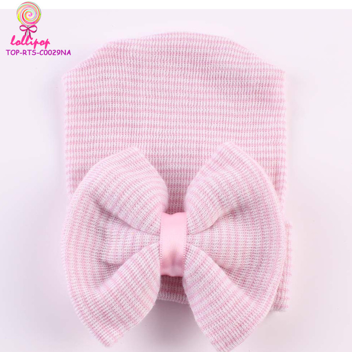 New design Europe America Baby Big Bowknot Knit newborn pink striped Autumn Bowknot Hospital beanies in stock