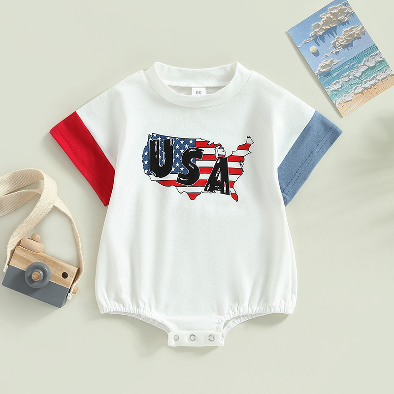 2024 Red White Blue Stars Stripes USA Flag Baby Oversized Bubble Romper American Flag 4th of July Baby Boy Girl Romper