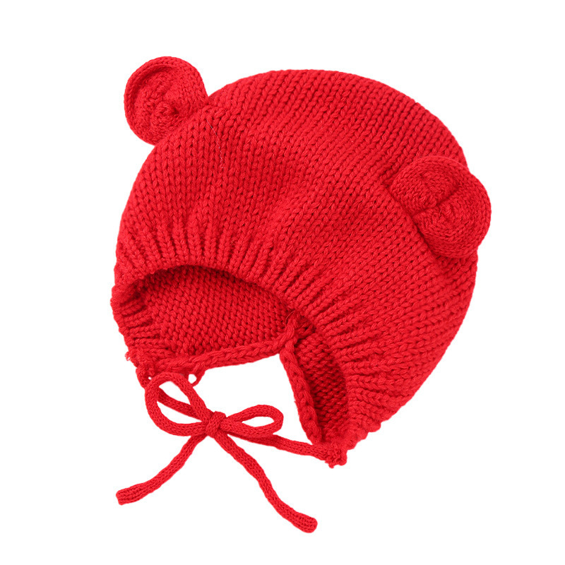 New design Knitted Princess Chin Strap Braid Wool hat Baby Girl Solid color knitted winter children's bear ear wool hat