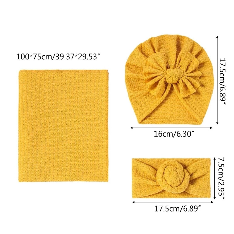 Boho Waffle Knit Baby Blanket Solid Color Baby Girls Boys Swaddle Wrap Receiving Waffle Blanket And Turban Hat Bow Headband Set