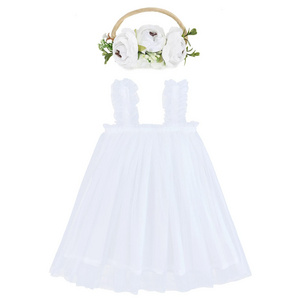 2024 Summer Kids Girls Birthday Gifts Sleeveless Sundress Dress Toddler Baby Girls Layered Tulle Tutu Dress with Flower Headband