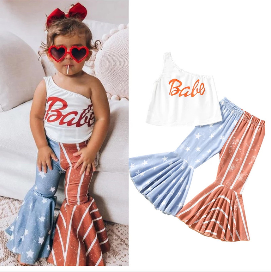 2024 New Baby Girls Patriotic Outfits One Shoulder Sleeveless Top Stars Stripes Bell Bottom 4th of July Kids Girls Clothes Sets