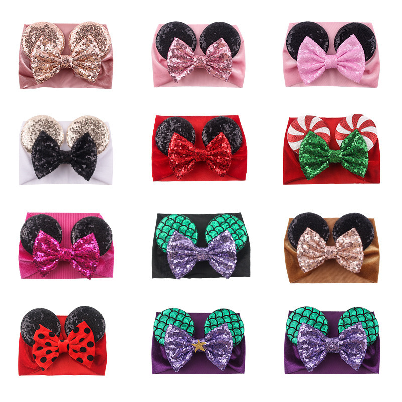 2023 Sequin Ears Minnie Baby Headband velvet Hair Bows Headwrap DIY Hair Accessories sequin wide Mouse Ears Headband