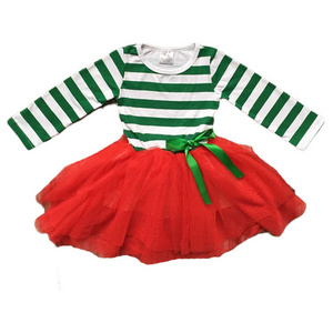 Long Sleeve Baby Girl Green And White Stripe Tutu Dress With Red Tulle Skirt For Christmas Holiday Kids Party Dresses