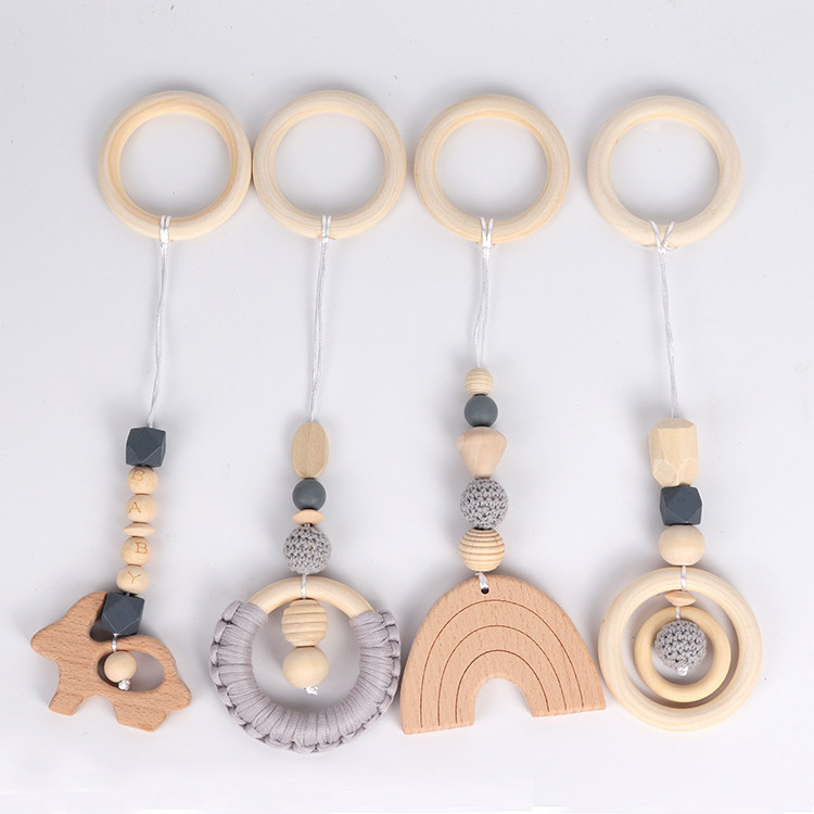 4Pcs/Set Boho Newborn Gifts Baby Gym Wood Toys Wooden Hanging Toy Rainbow Pendant Teether Ring Nursing Rattle Toys