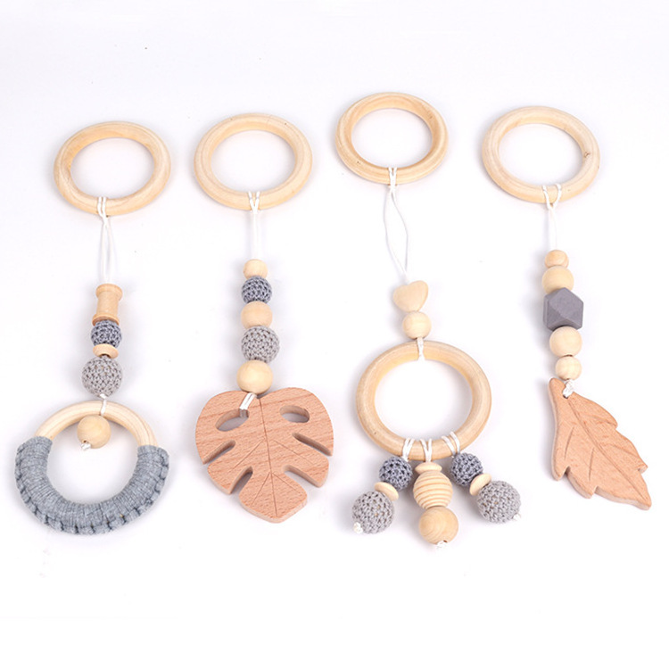 4Pcs/Set Boho Newborn Gifts Baby Gym Wood Toys Wooden Hanging Toy Rainbow Pendant Teether Ring Nursing Rattle Toys