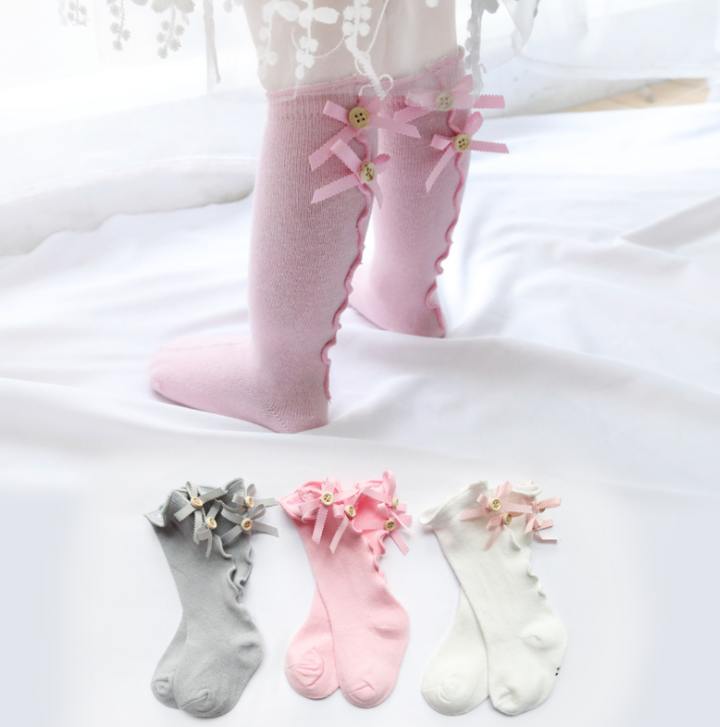 Girls Knee High Socks Cotton Bows Ruffle Button Princess Lace Baby Long Sock Warm Winter Children Soft Dress Sock