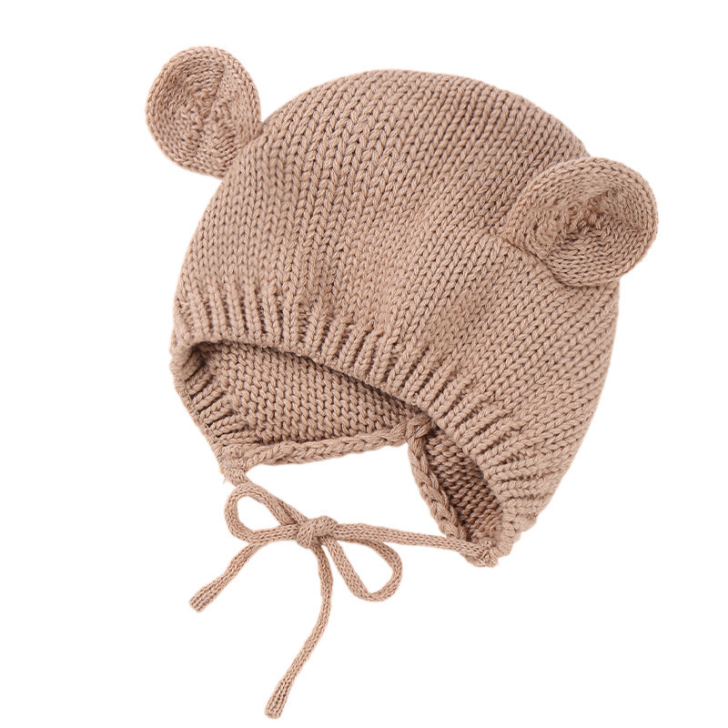 New design Knitted Princess Chin Strap Braid Wool hat Baby Girl Solid color knitted winter children's bear ear wool hat