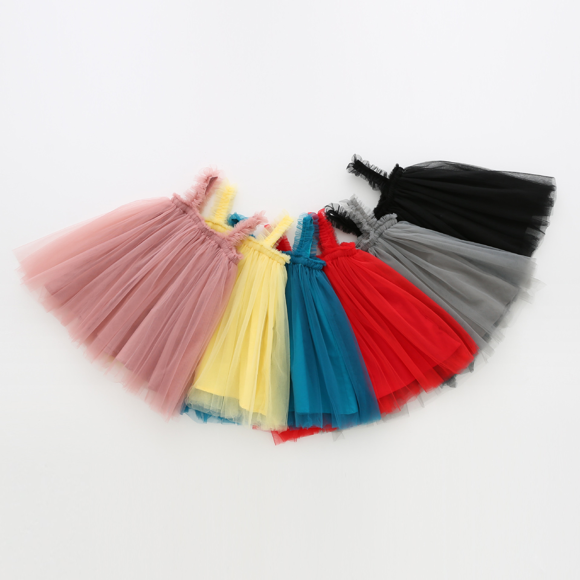 Summer Spaghetti Strap Sleeveless Infant Kids Tulle Sundress Candy Colors Baby Girls Toddler Fluffy Tutu Layered Dress