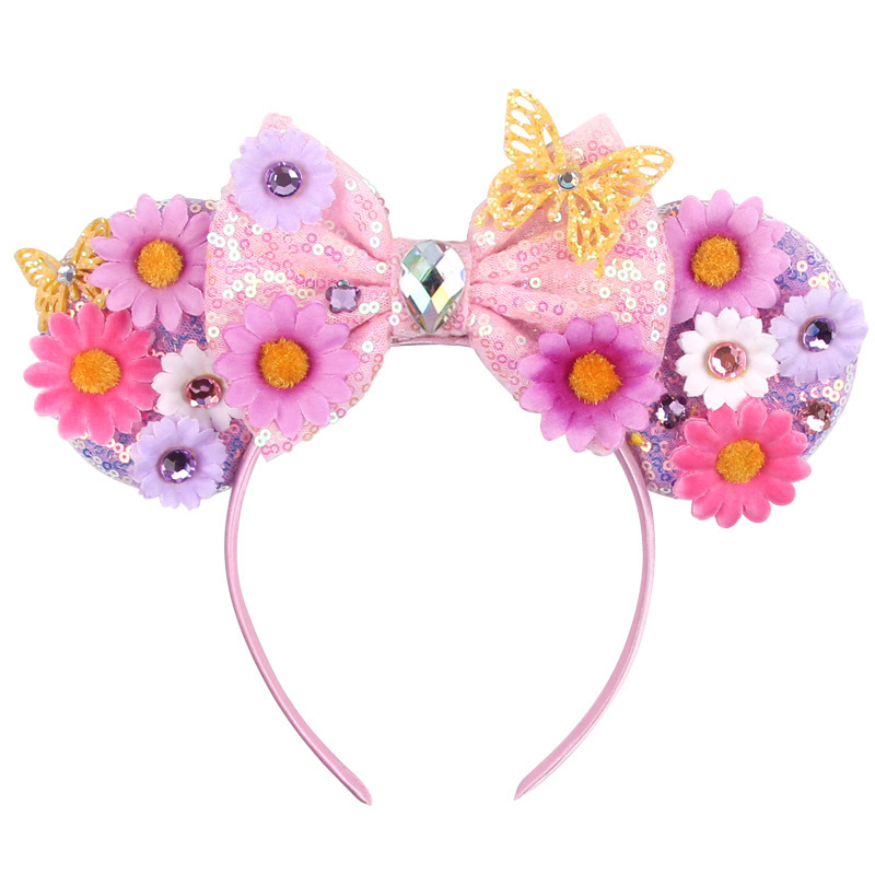 Princess Head Bopper Cosplay Costume Tiara Butterfly Flower Sequin Girl Mouse Ear Headbands with Daisy Sunflower