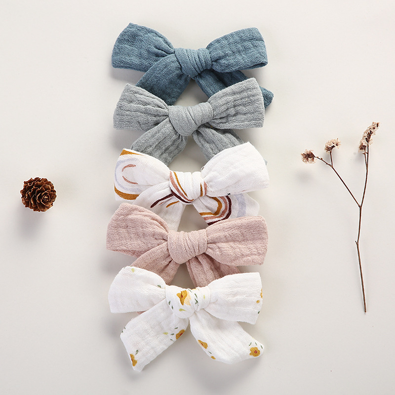 Solid Bamboo Cotton Gauze Muslin Clip Headband Hair Accessories Infant Girl Muslin Cotton Bows