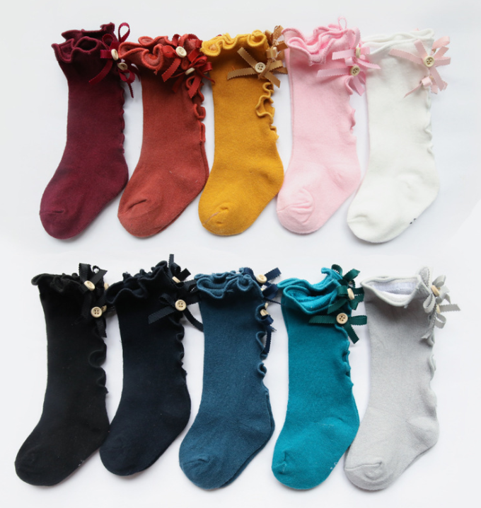 Girls Knee High Socks Cotton Bows Ruffle Button Princess Lace Baby Long Sock Warm Winter Children Soft Dress Sock