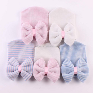 New design Europe America Baby Big Bowknot Knit newborn pink striped Autumn Bowknot Hospital beanies in stock