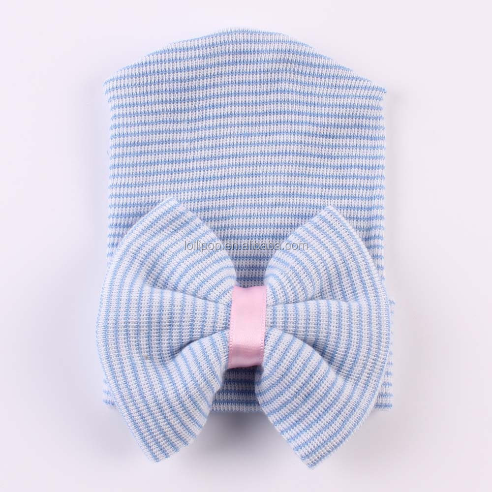 New design Europe America Baby Big Bowknot Knit newborn pink striped Autumn Bowknot Hospital beanies in stock