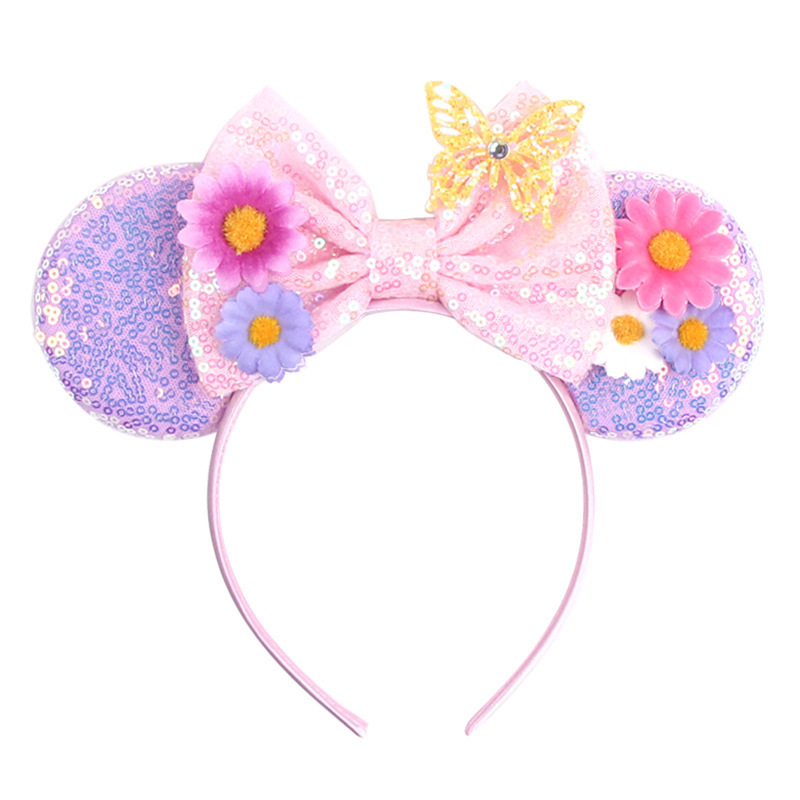 Princess Head Bopper Cosplay Costume Tiara Butterfly Flower Sequin Girl Mouse Ear Headbands with Daisy Sunflower