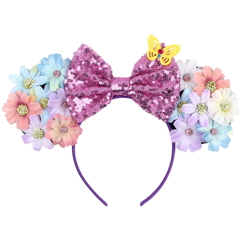 Princess Head Bopper Cosplay Costume Tiara Butterfly Flower Sequin Girl Mouse Ear Headbands with Daisy Sunflower