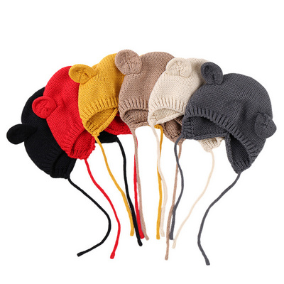 New design Knitted Princess Chin Strap Braid Wool hat Baby Girl Solid color knitted winter children's bear ear wool hat