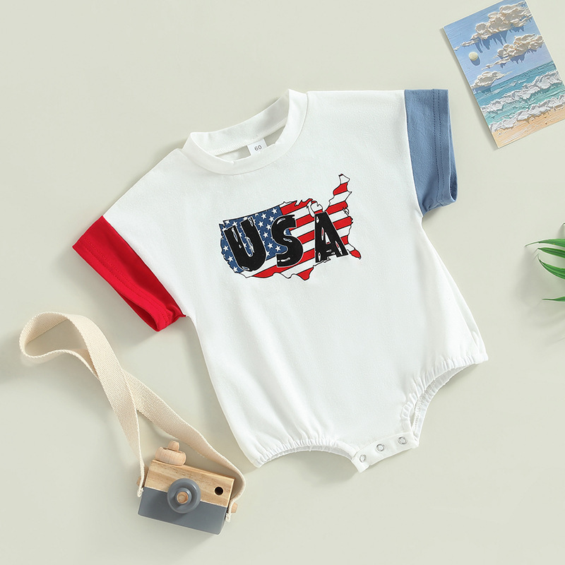 2024 Red White Blue Stars Stripes USA Flag Baby Oversized Bubble Romper American Flag 4th of July Baby Boy Girl Romper